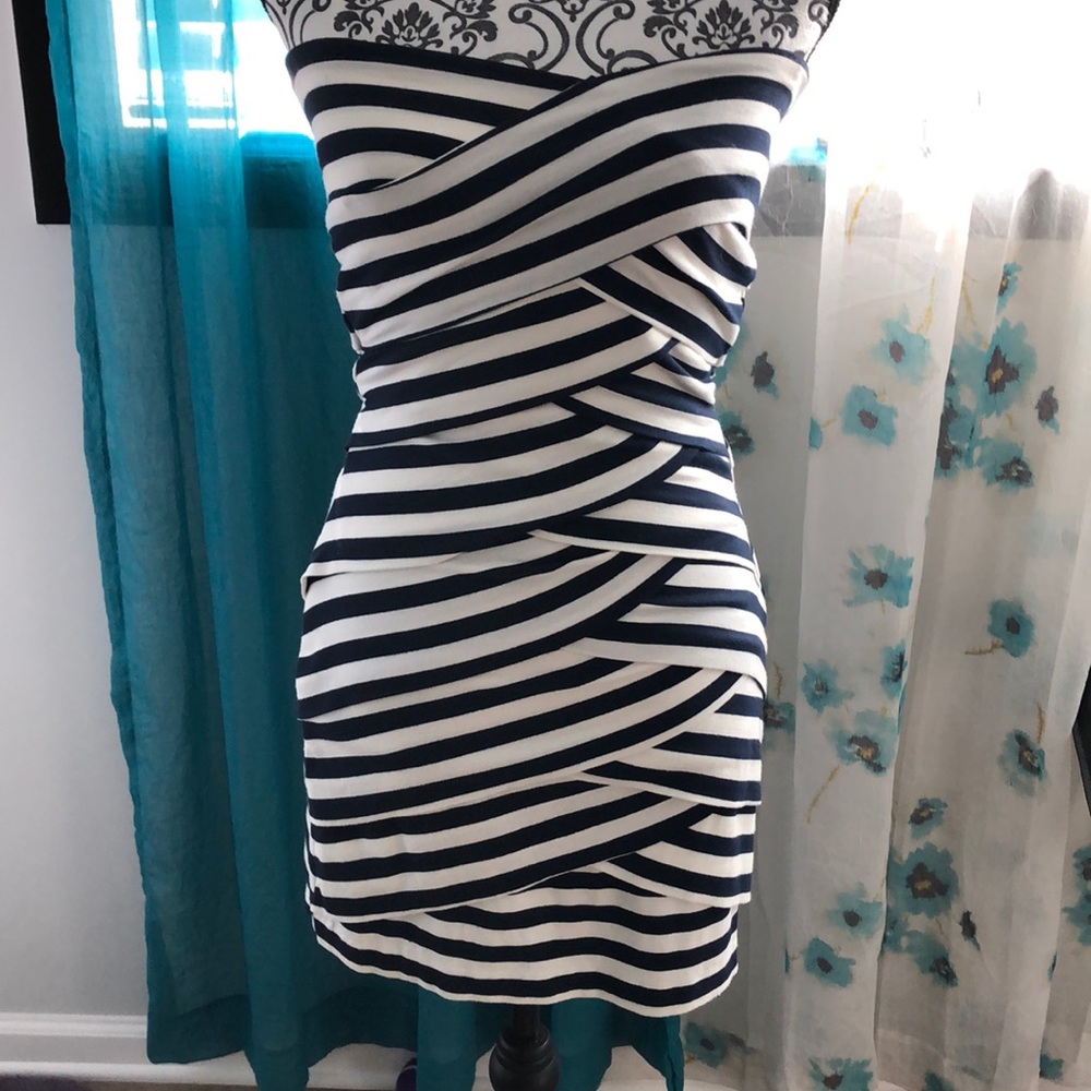 Striped Navy and Tan Strapless Dress